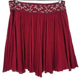 Francesca's Alya Woman size L Red Gauze Floral Embroidered Flowy Mini Skirt Boho